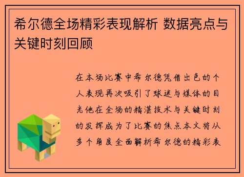希尔德全场精彩表现解析 数据亮点与关键时刻回顾