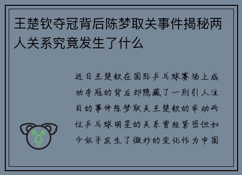 王楚钦夺冠背后陈梦取关事件揭秘两人关系究竟发生了什么